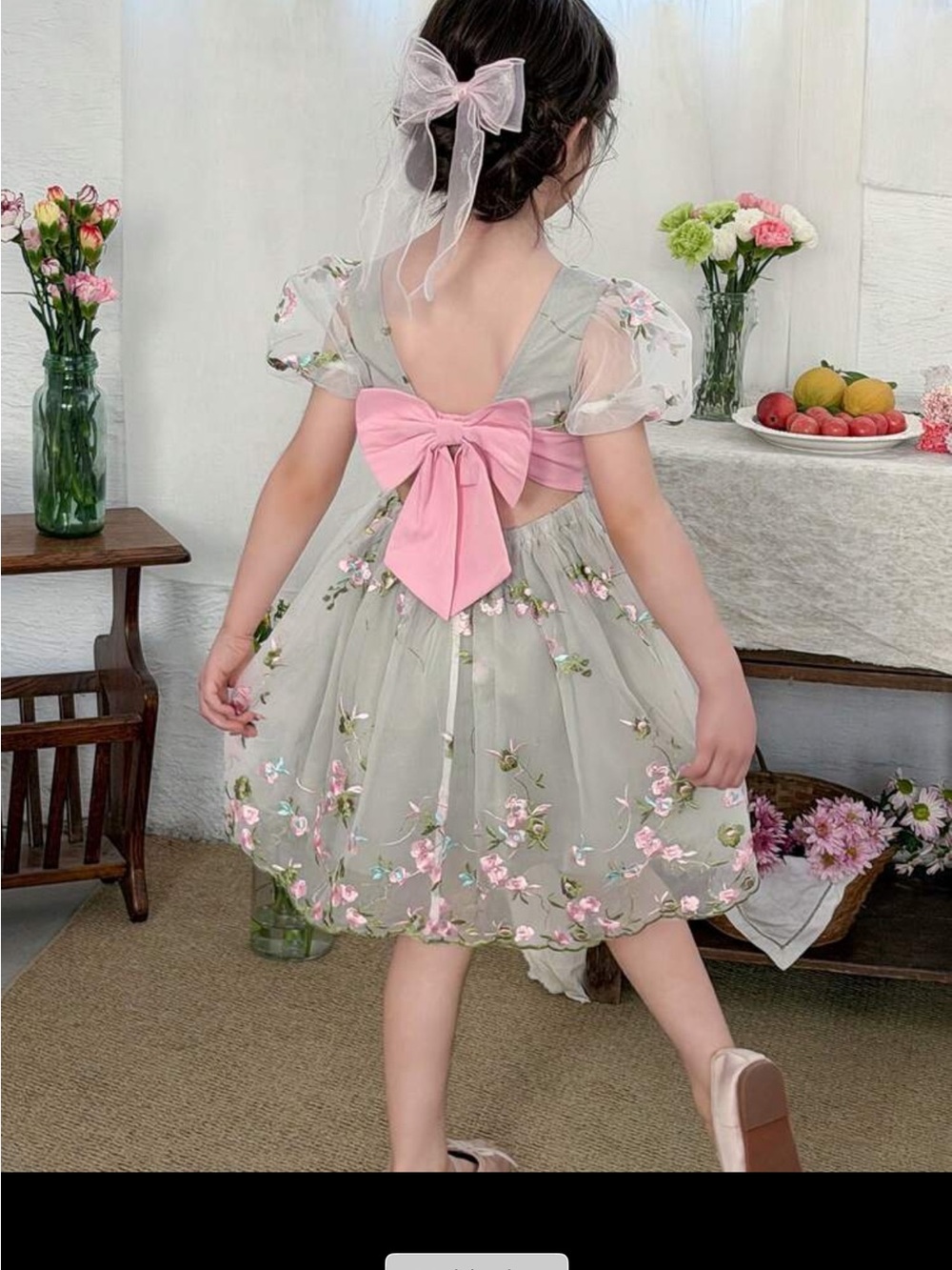 Embroidered Floral Tulle Dress with Pink Bow